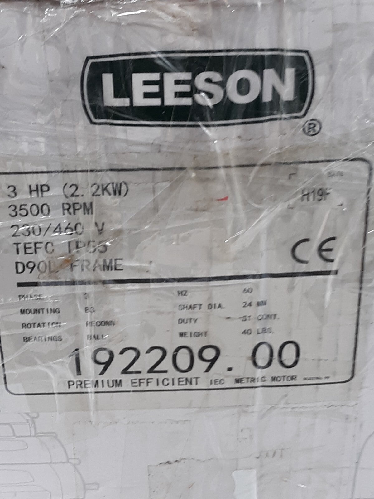 3HP LEESON 3500RPM 90L TEFC IP55 3PH B3 IEC MOTOR 192209.00