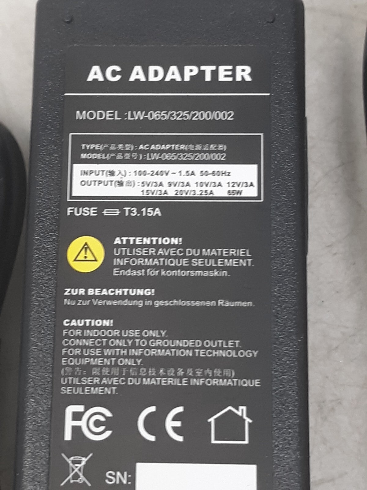 65W USB-C Laptop Charger AC Adapter LW-065/325/200/002 – 5V/9V/12V/15V/20V