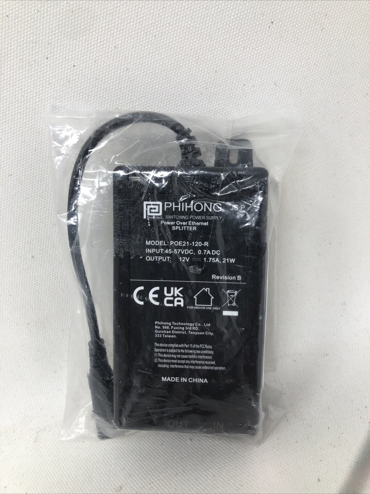 PHIHONG SWITCHING POWER SUPPLY-POWER OVER ETHERNET SPLITTER POE21-120-R 21W/12V