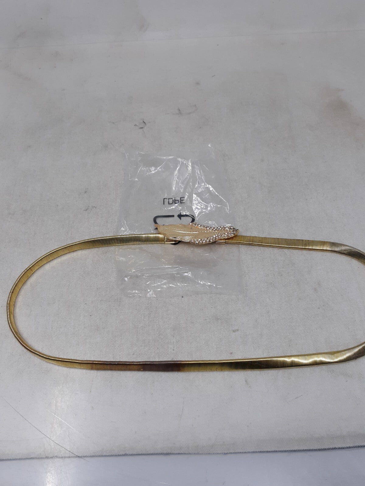 Gold Tone Stretch Snake Chain Skinny Belt with Leaf Buckle