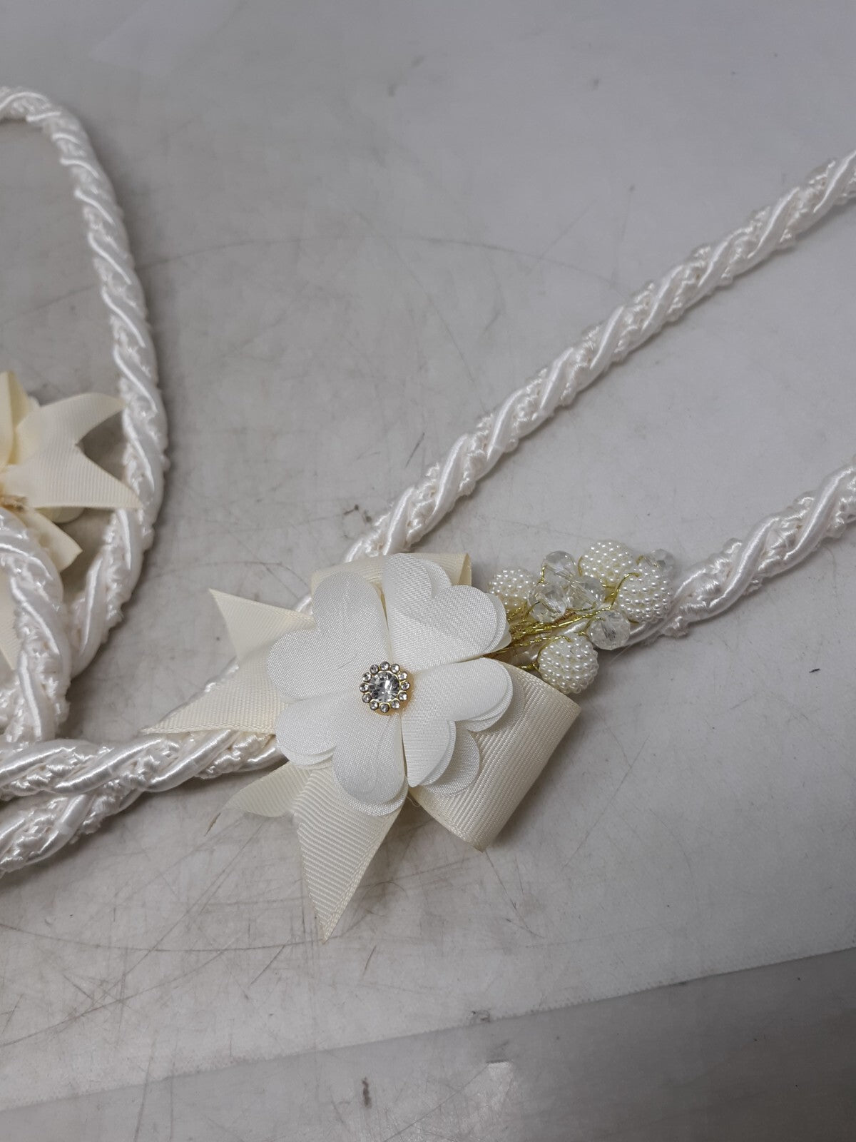 White Satin Floral Wedding Garland with Pearls & Rhinestones - Bridal Décor