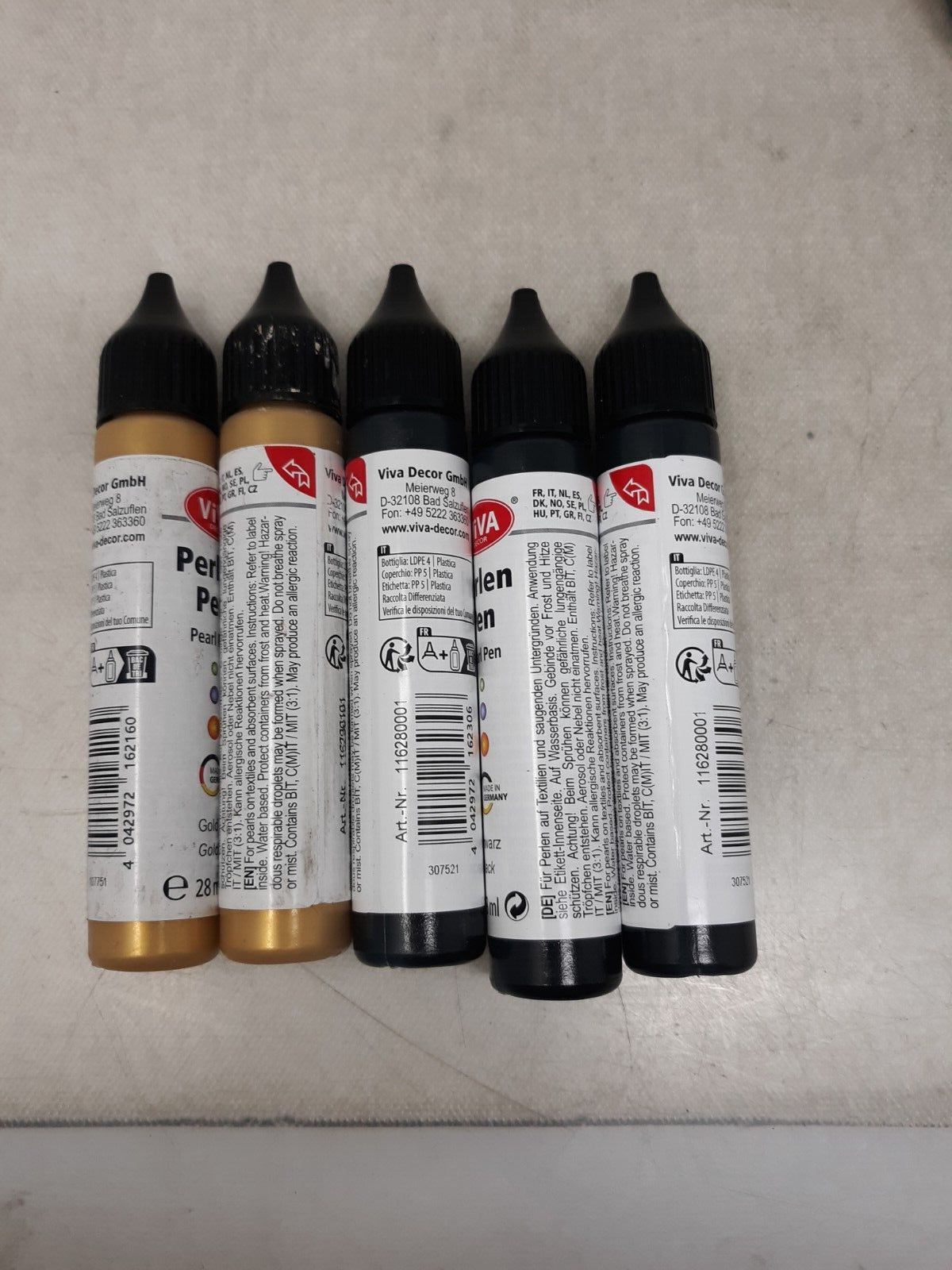 Lot of 5 Assorted Viva Decor Perlen Pen 28ml - Black & Gold