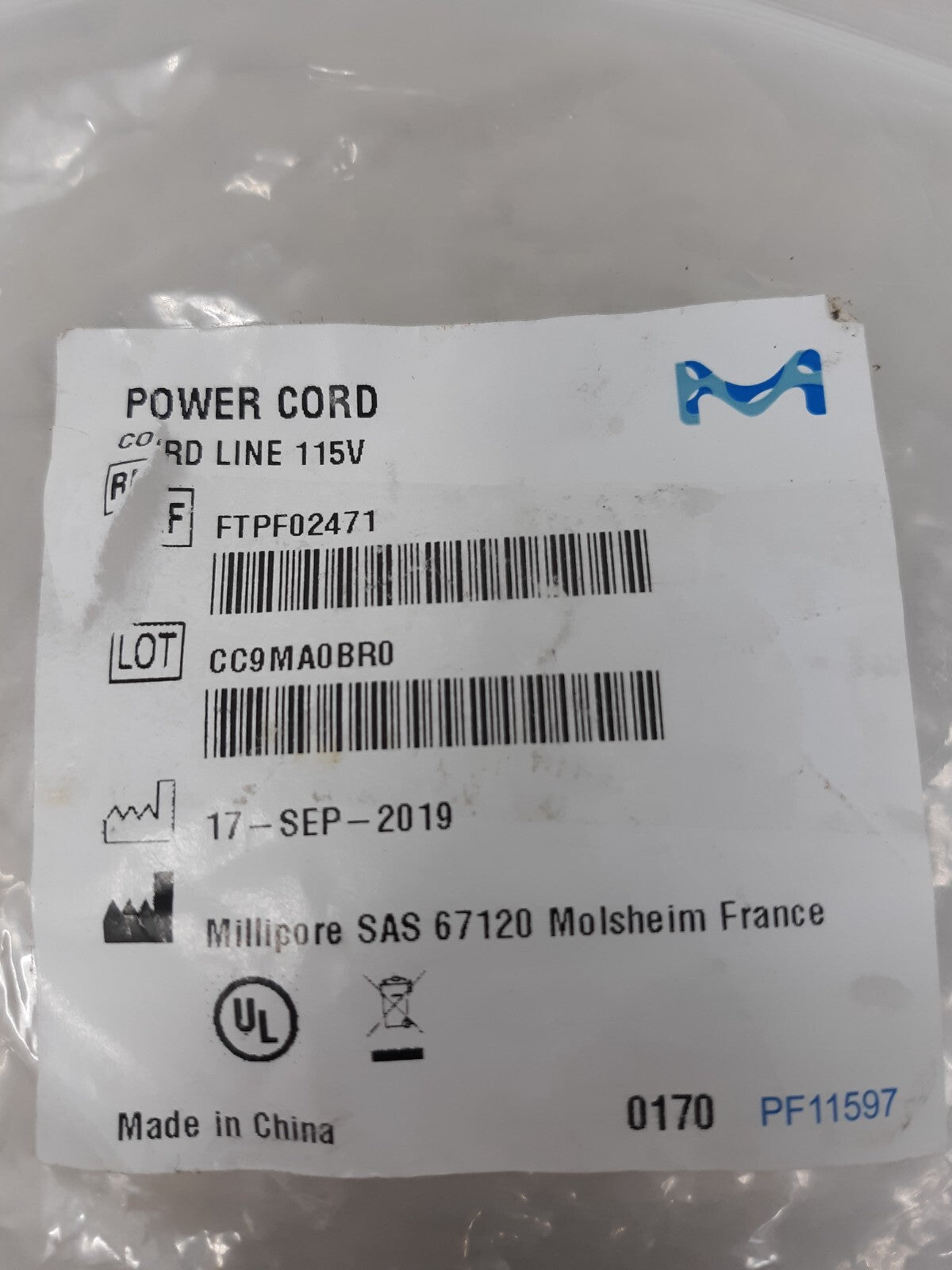 Millipore Power Cord Cord Line 115V FTPF02471 PF11597