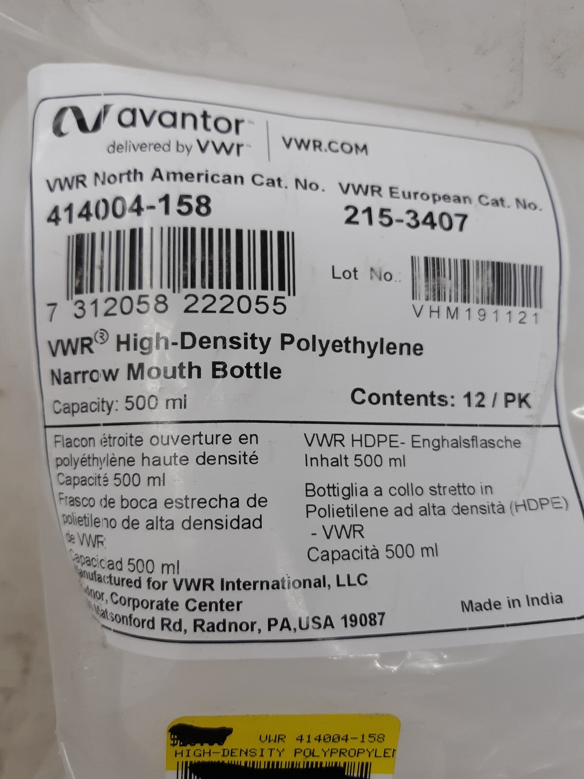 Pack of 12 VWR High-Density Polyethylene Narrow Mouth Bottle 500ml 414004-158