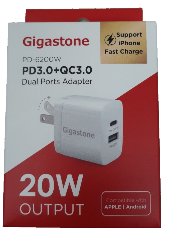 Gigastone 20W Dual Ports USB-A + USB-C Type C Fast Wall Charger PD/QC 3.0