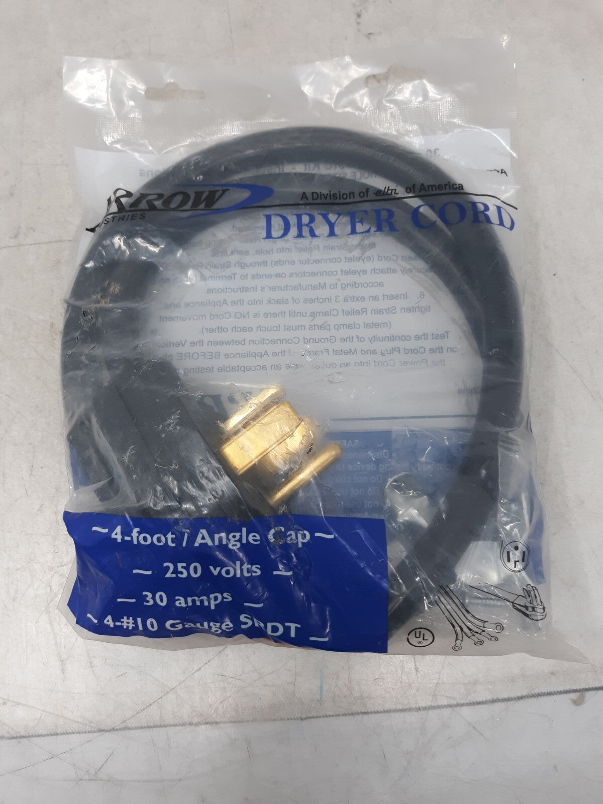 Arrow Industries 30 Amp Dryer Cord Kit 60-56A 6 Ft Angle Cap 4-#10 Gauge