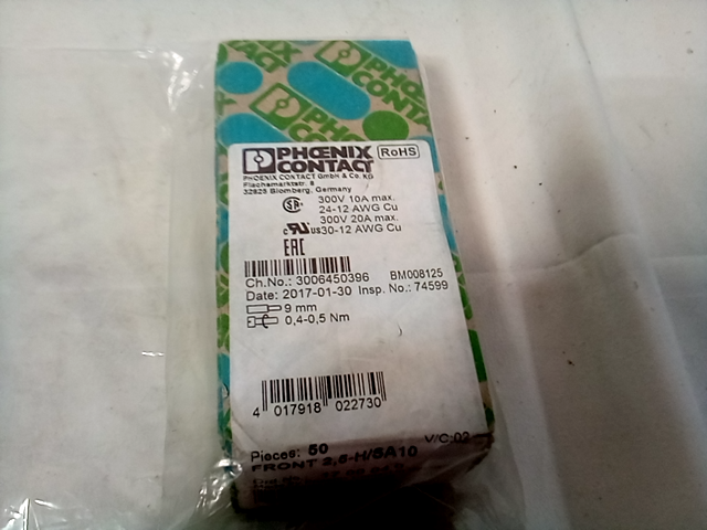 Phoenix Contact Front 2,5-H/sa10 Terminal Block, Pluggable, 1Pos, 14Awg