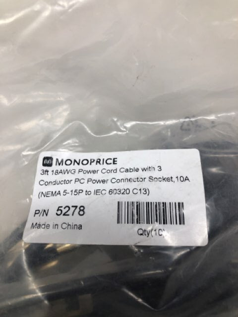 MONOPRICE 3ft 18AWG Power Cord Cable 10A NEMA 5-15P to IEC 60320 C13 Black