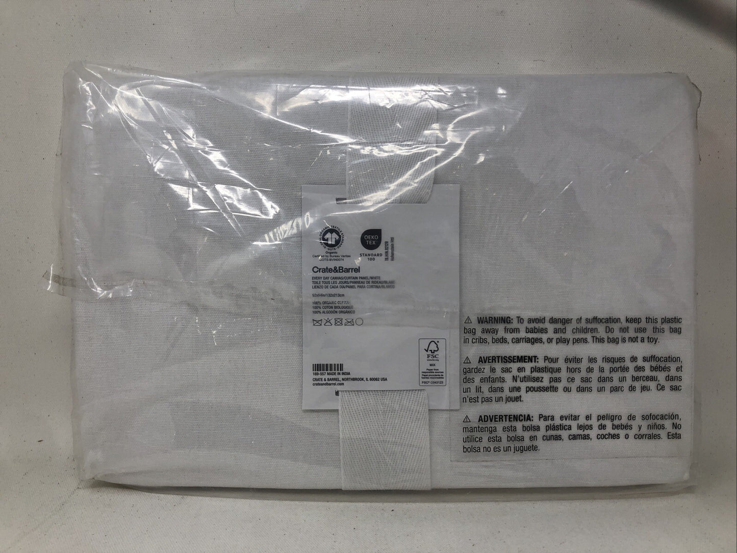 Crate & Barrel White Curtain Panel, Organic Cotton Canvas  52x84in / 132x213cm