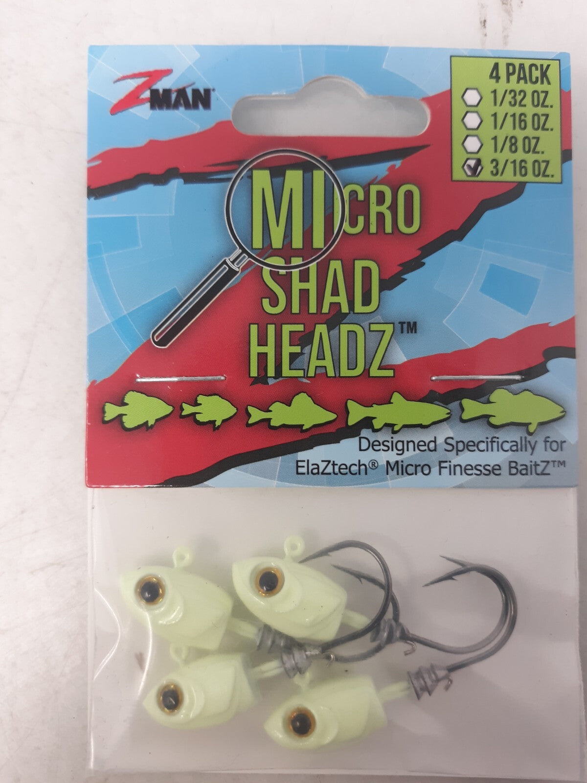 Z-Man Micro Shad HeadZ 3/16oz Glow Jig Heads 4-Pack Lot of 6 MSH316-04PK4