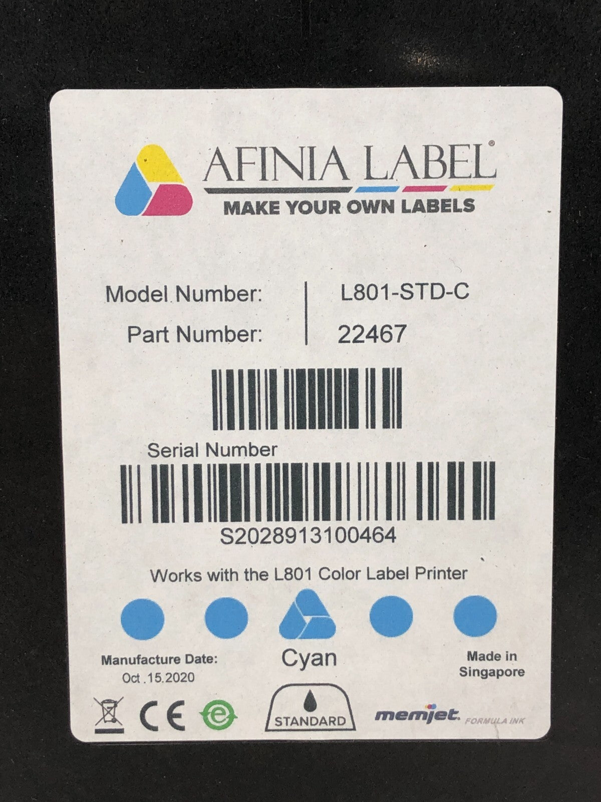 Afinia Label Ink Cartridge L801-STD-C (Cyan) ~ Replacement Ink for Label Printer