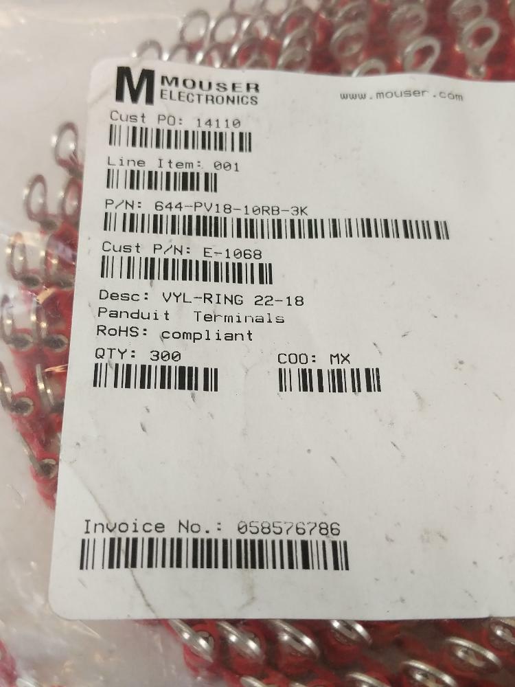 Mouser #644-PV18-10RB-3K VYL-RING 22-18 Panduit Terminals QTY 300