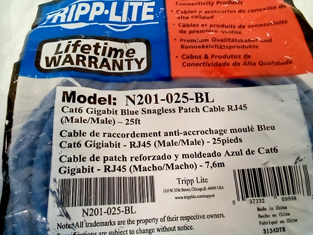Tripp Lite Cat6 Snagless Molded Patch Cable, 25 Ft.,Blue N201-025-BL