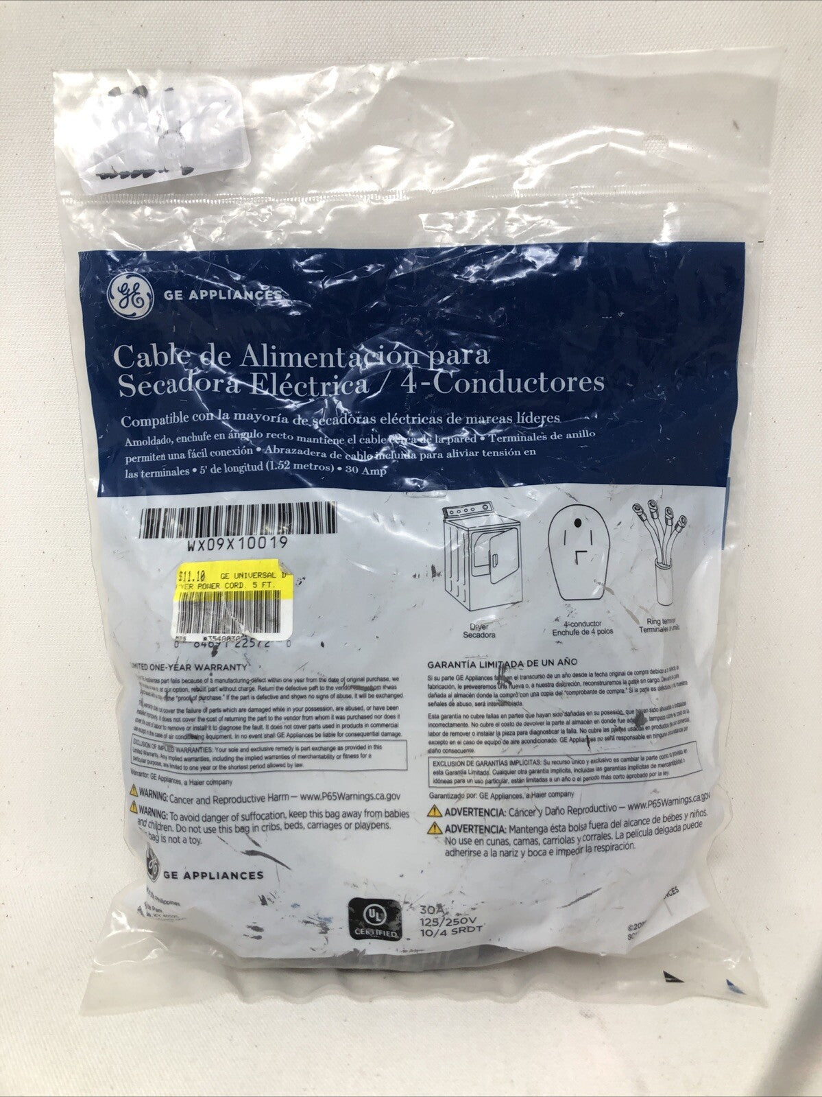 GE Appliances 5’ Universal Dryer Power Cord / 4 Wire WX09X10019
