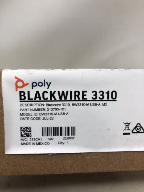 Poly Blackwire 3310 Headset BW3310-M Mono - USB-A, Mini-phone (3.5mm) - Wired