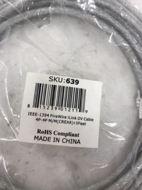 IEEE-1394 FireWire/iLink DV 4 Pin Male to Male Cable - 15 Feet Clear