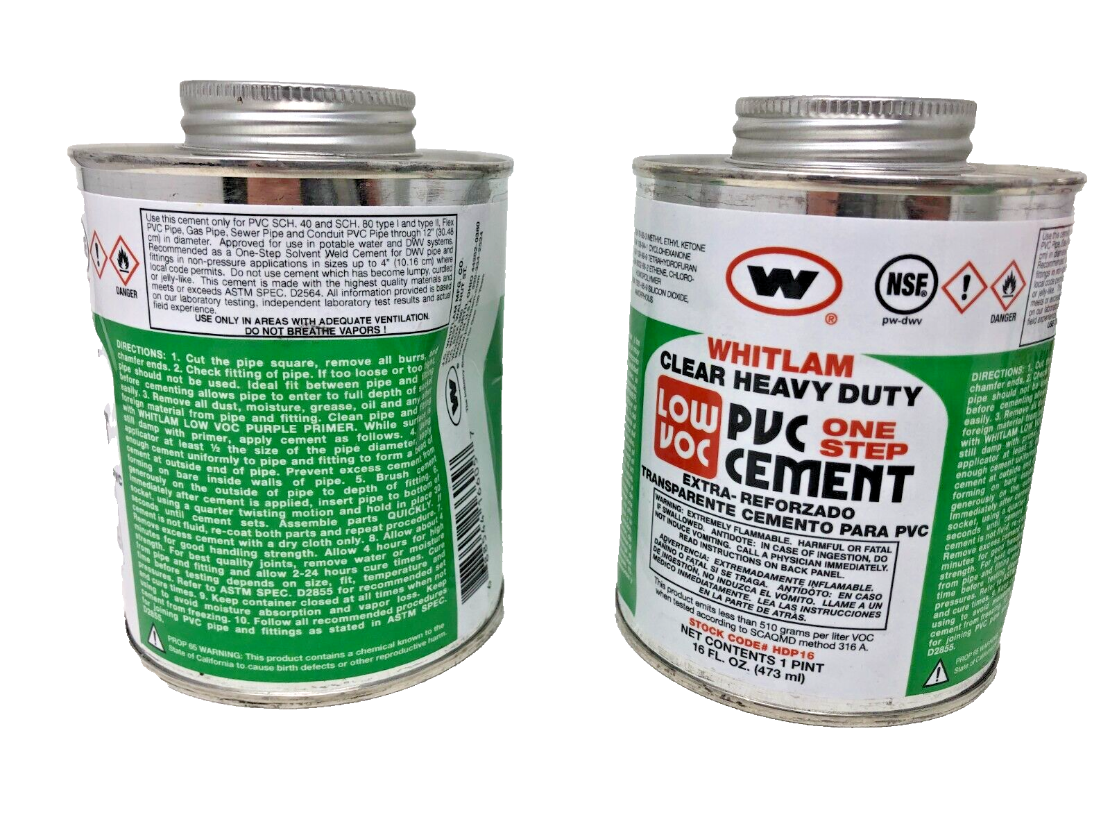 Lot of 5 - Whitlam Low VOC Clear Heavy Duty One Step PVC Cement 16 oz.