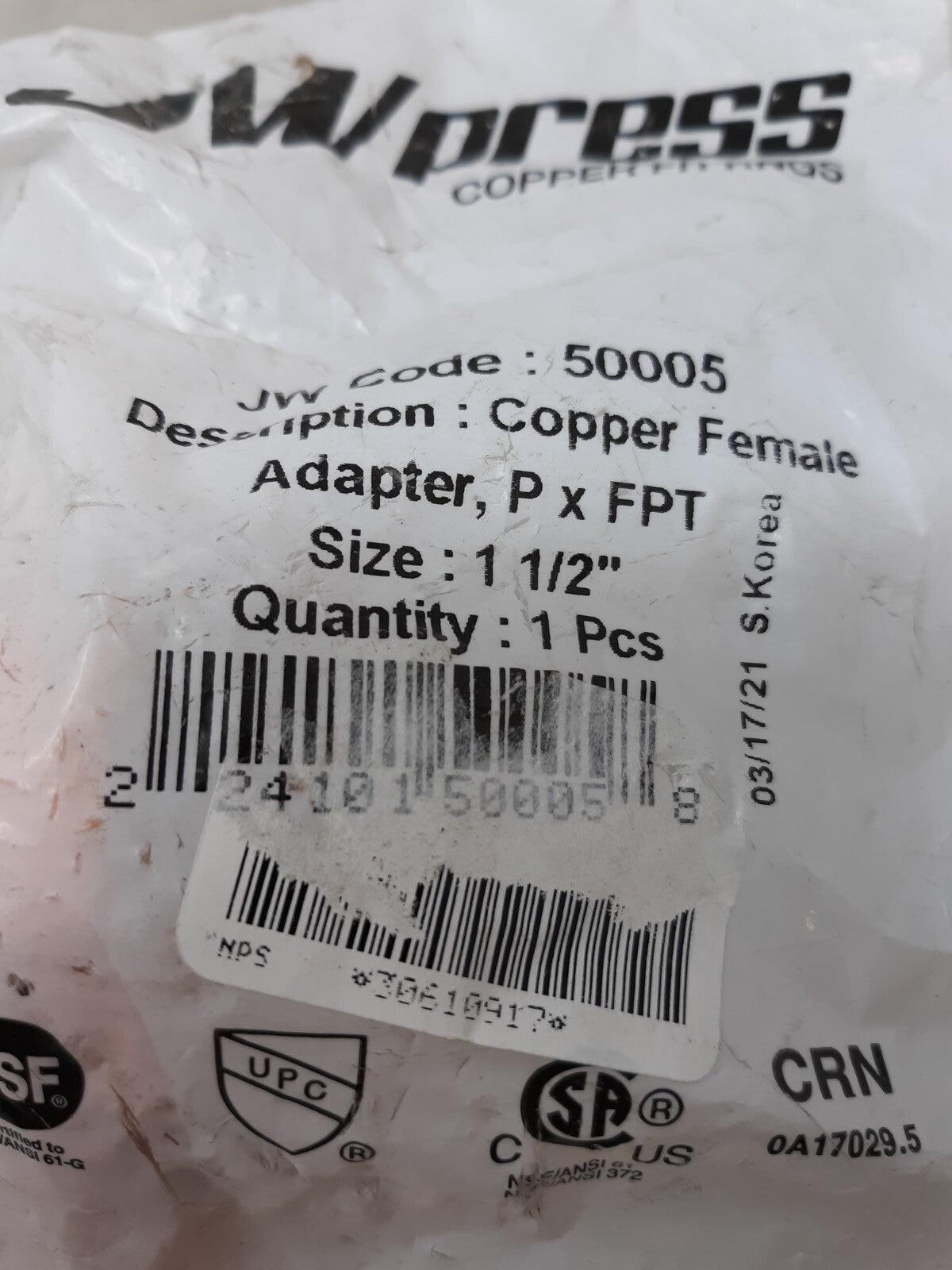 JW Press Copper Fittings 1-1/2" Press x Female Copper Adapter