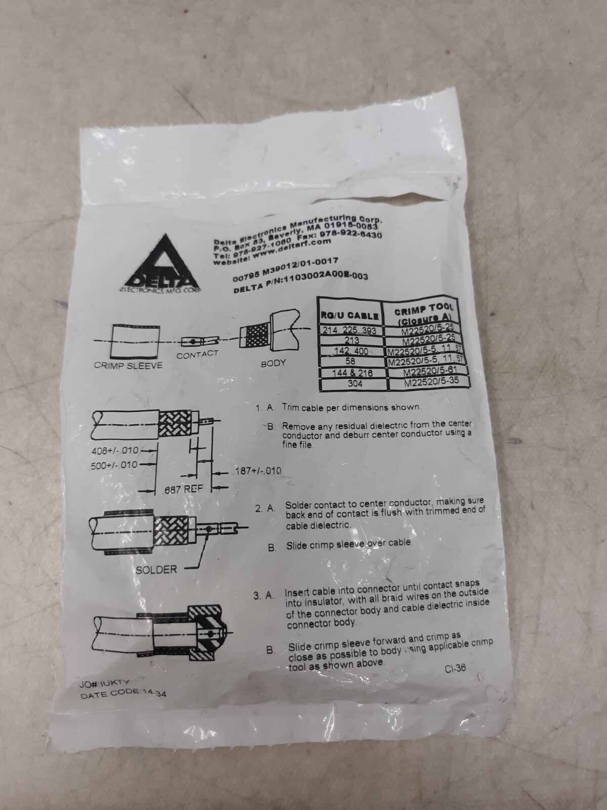 Delta N-Male RG213 RG8A M17-74 1103002A00E-001 50-Ohm Crimp Mil M39012/01B0007