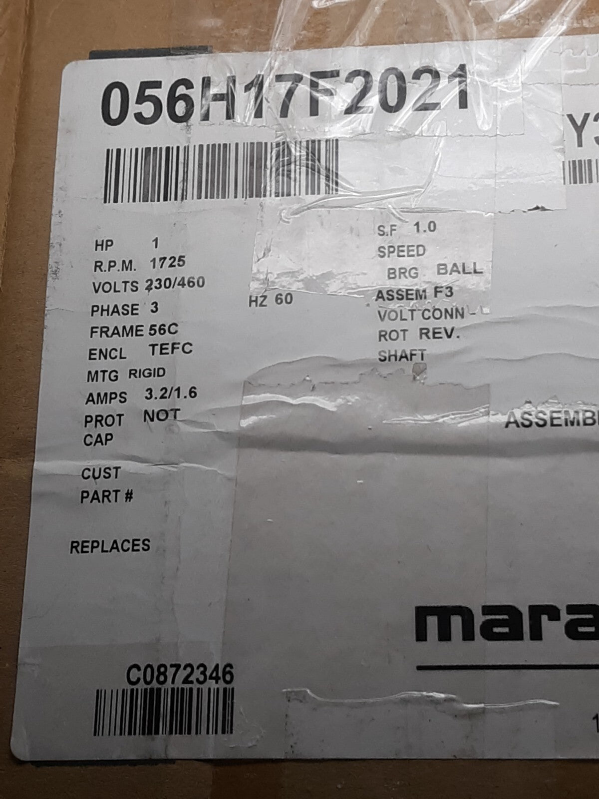 Marathon Electric MicroMAX 1HP 3-Phase TEFC Motor 56C 230/460V 1725RPM