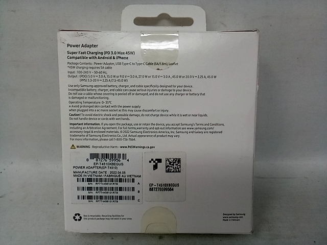 Samsung 45W Power Adapter with Cable in Black(EP-T4510XBEGUS) EP-T4510 , Compact