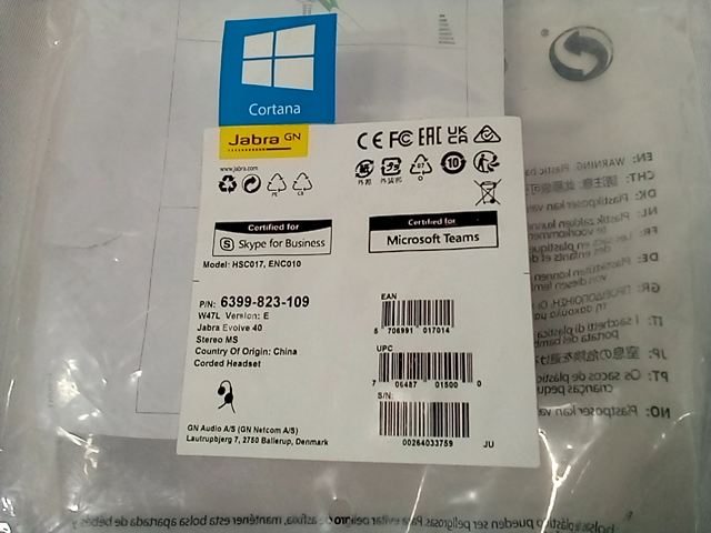 Jabra Evolve 40 MS Stereo Wired Headset, GN Audio - HSC017, ENC019 - 6399-823-10