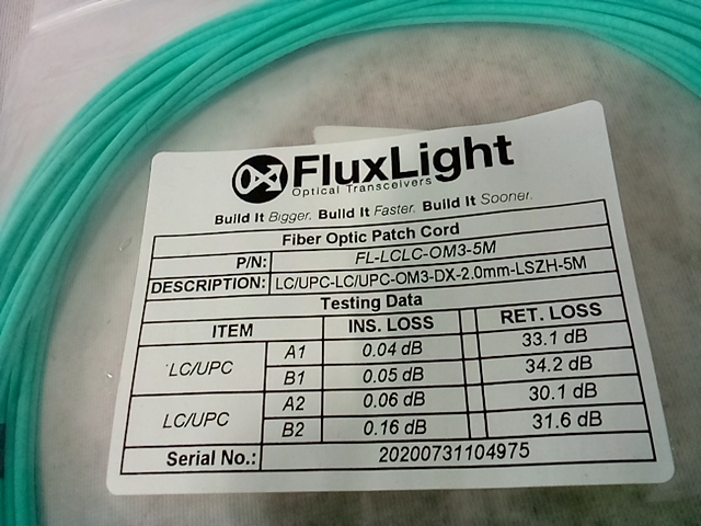 Flux light fiber optic patch cord, teal color