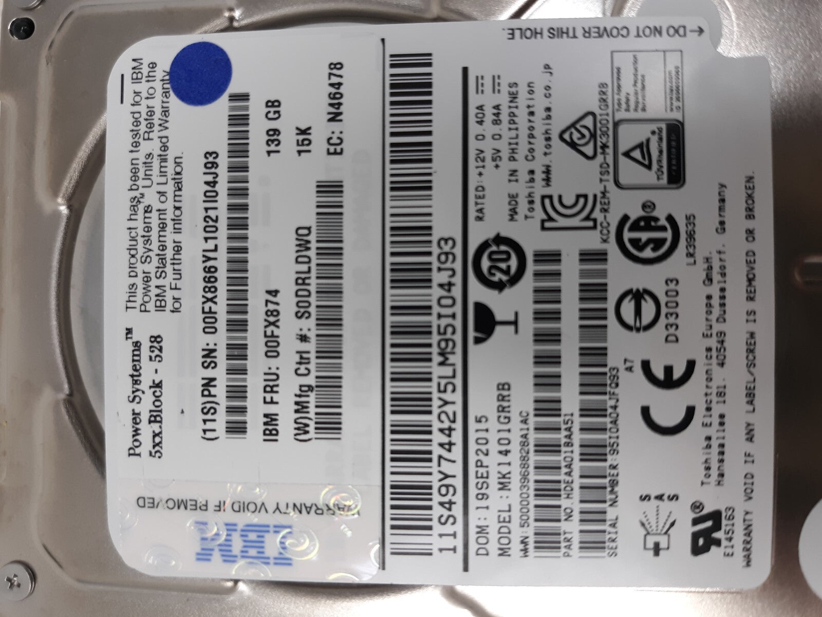 IBM FRU 00FX874 139GB HDD 5K RPM Power Systems 5xx Block 528 - MK1401GRRB