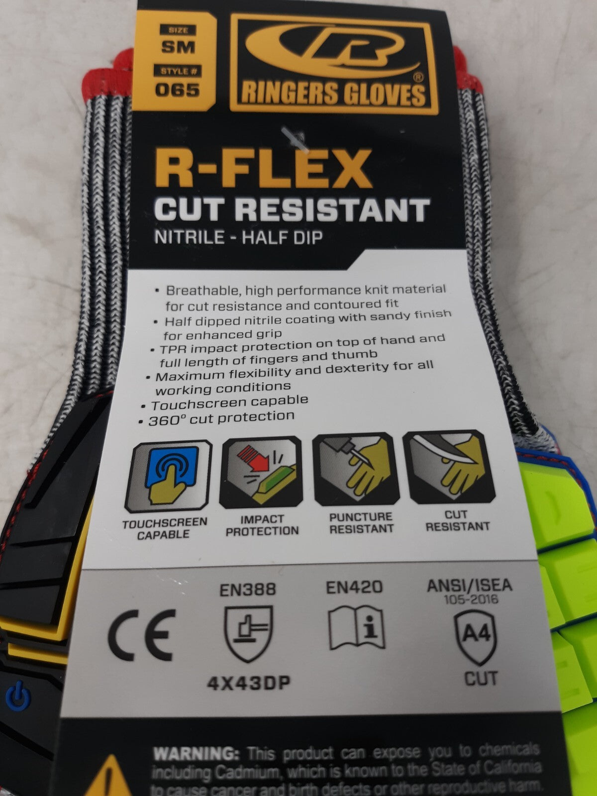 Ringers Gloves 065 R-FLEX Cut Resistant Nitrile Half Dip Gloves SM ANSI A4