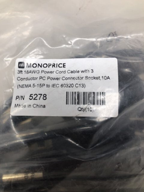 MONOPRICE 3ft 18AWG Power Cord Cable 10A NEMA 5-15P to IEC 60320 C13 Black