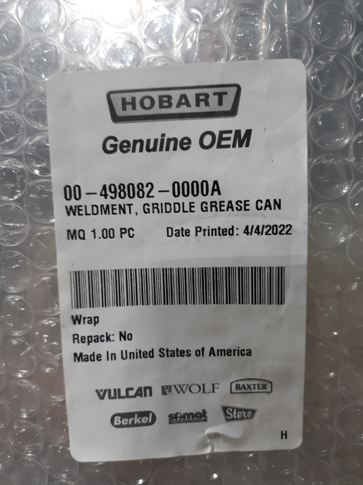 Vulcan Hart Weldment, Griddle Grease Can 00-498082-0000A