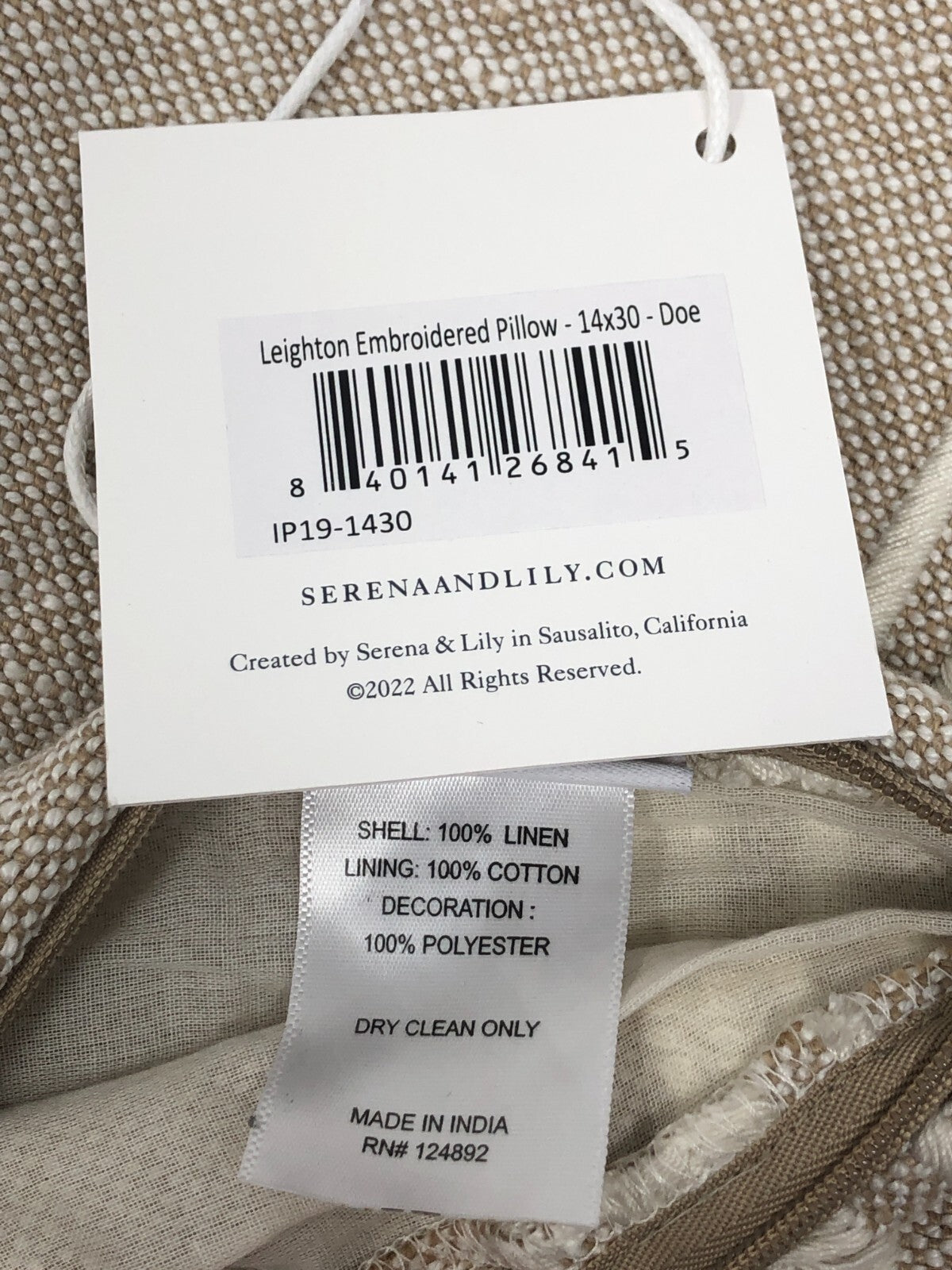Serena & Lily Embroidered Throw Pillow Case ~ Linen, Natural