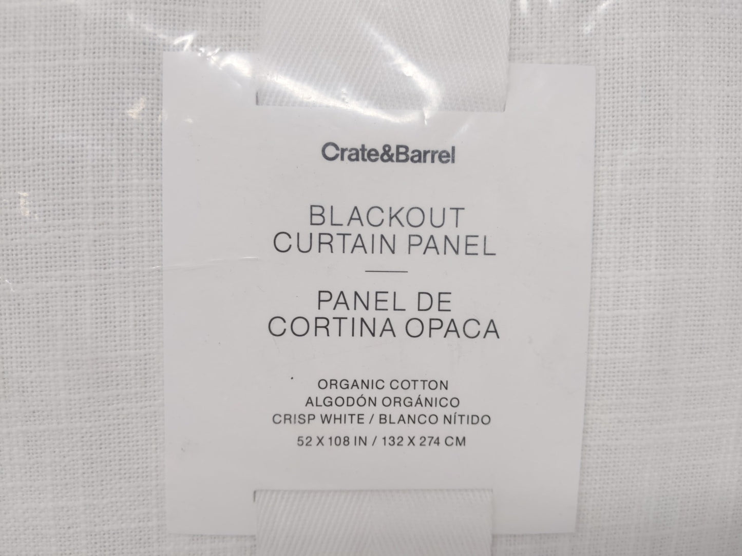 Crate&Barrel Blackout Curtain Panel White Merrow Stitch Organic Cotton 52"x108"