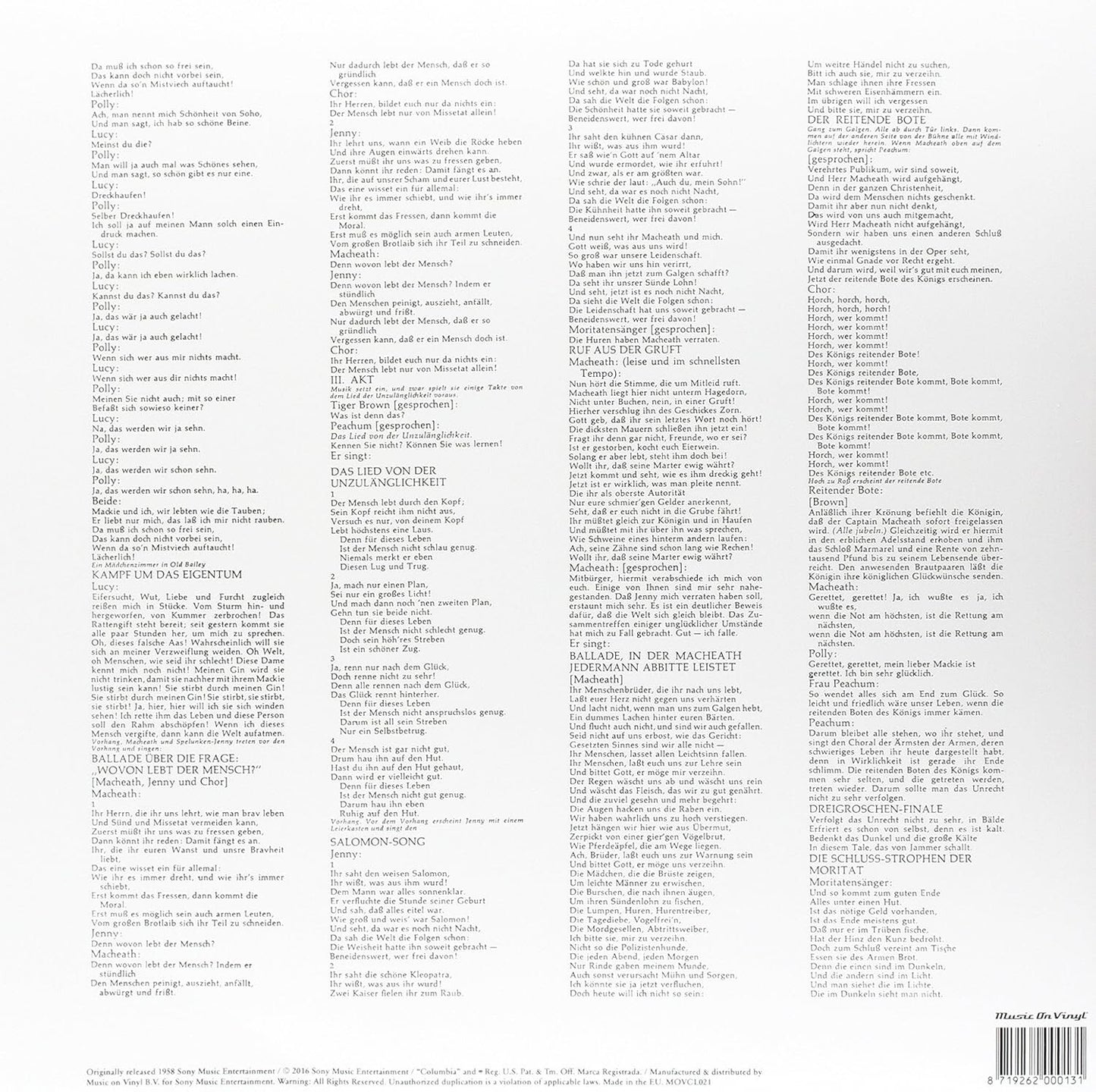 Weill/ Lotte Lenya - Weill: Die Dreigroschenoper Vinyl