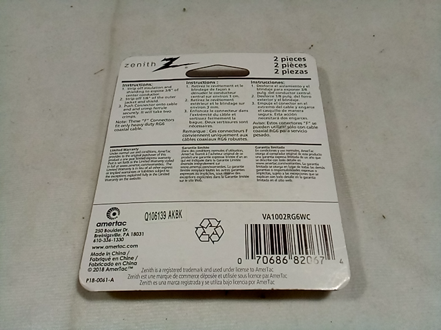 AmerTac - Zenith VA1002RG6WC Weatherproof Crimp-on F Connectors, 2 Piece