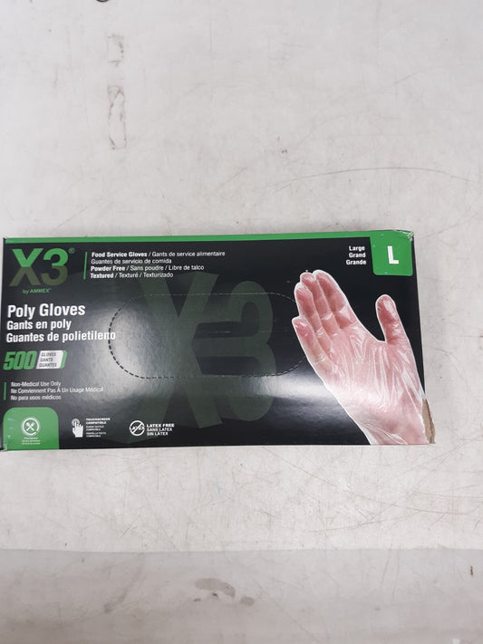 AMMEX X3 Poly Gloves Large - 500 Count, Powder-Free, Disposable, (Lot of 4)