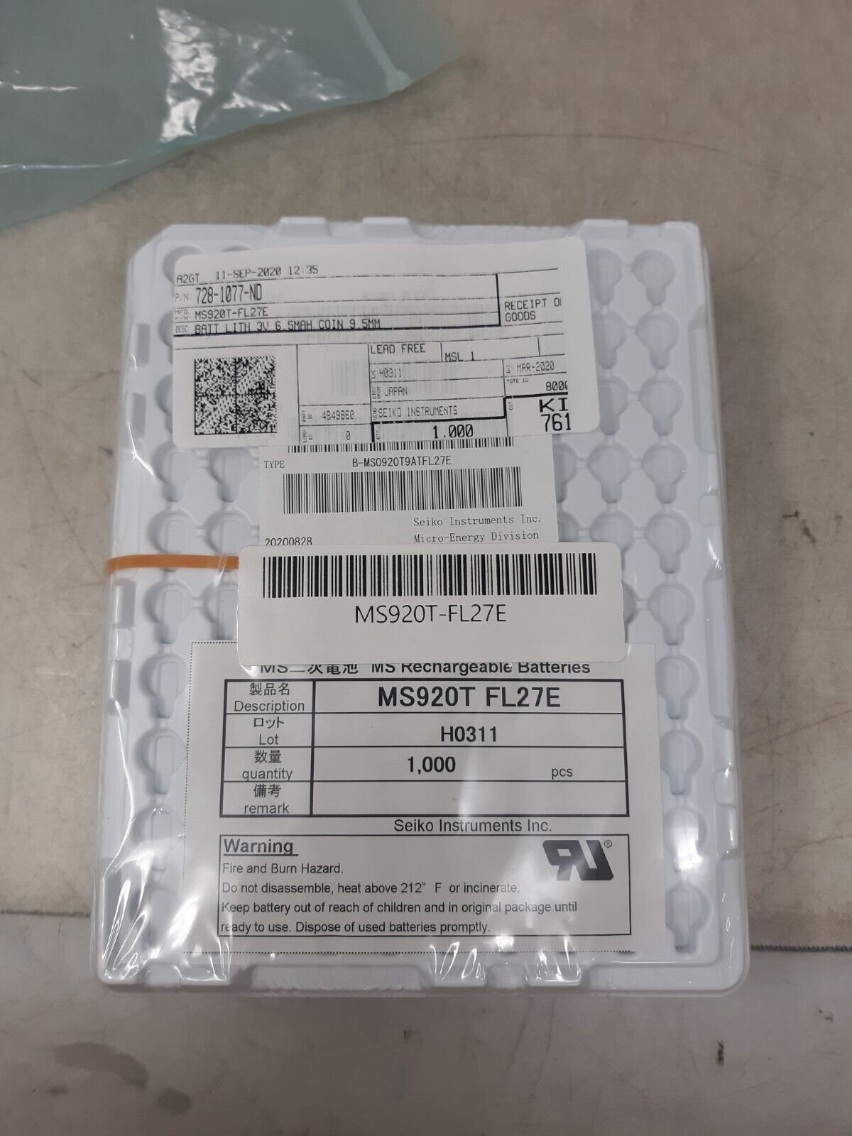 1000 pcs Seiko Instruments BATT LITH 3V 6.5MAH COIN 9.5MM MS920T-FL27E