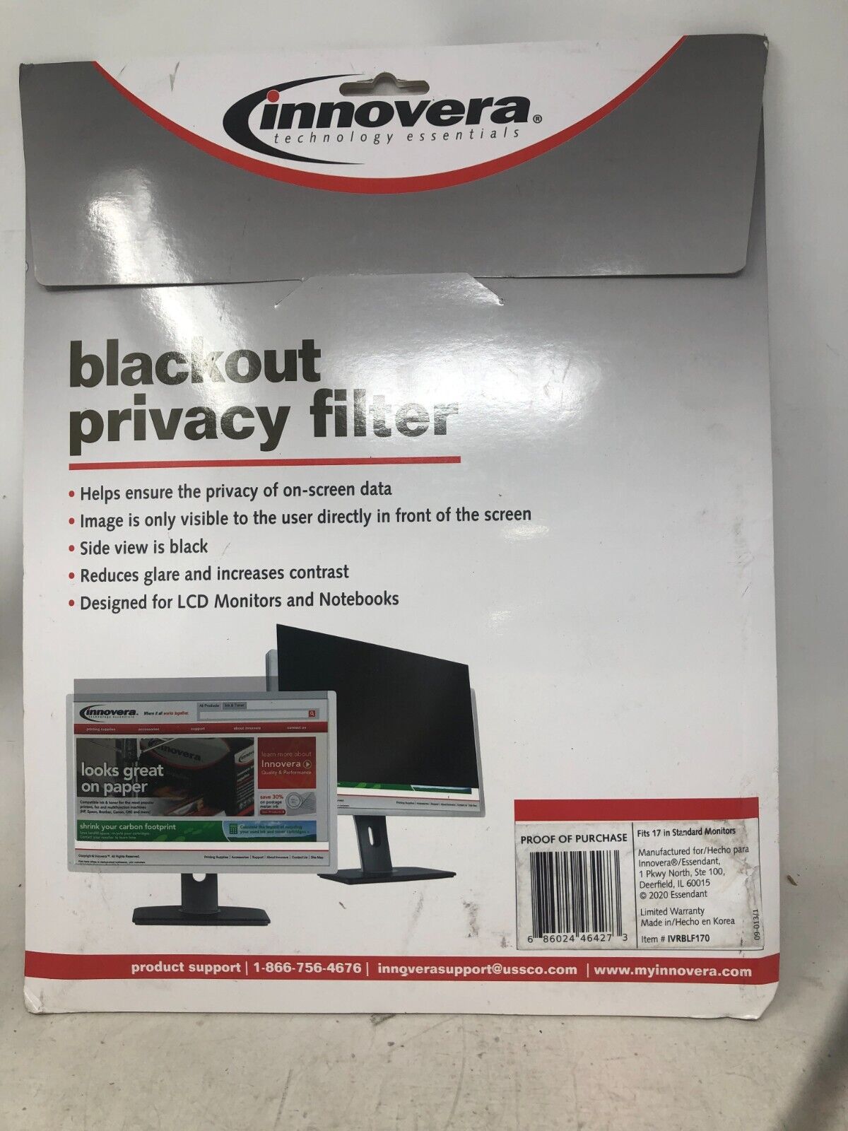 Innovera Blackout Privacy Filter Size 17" New