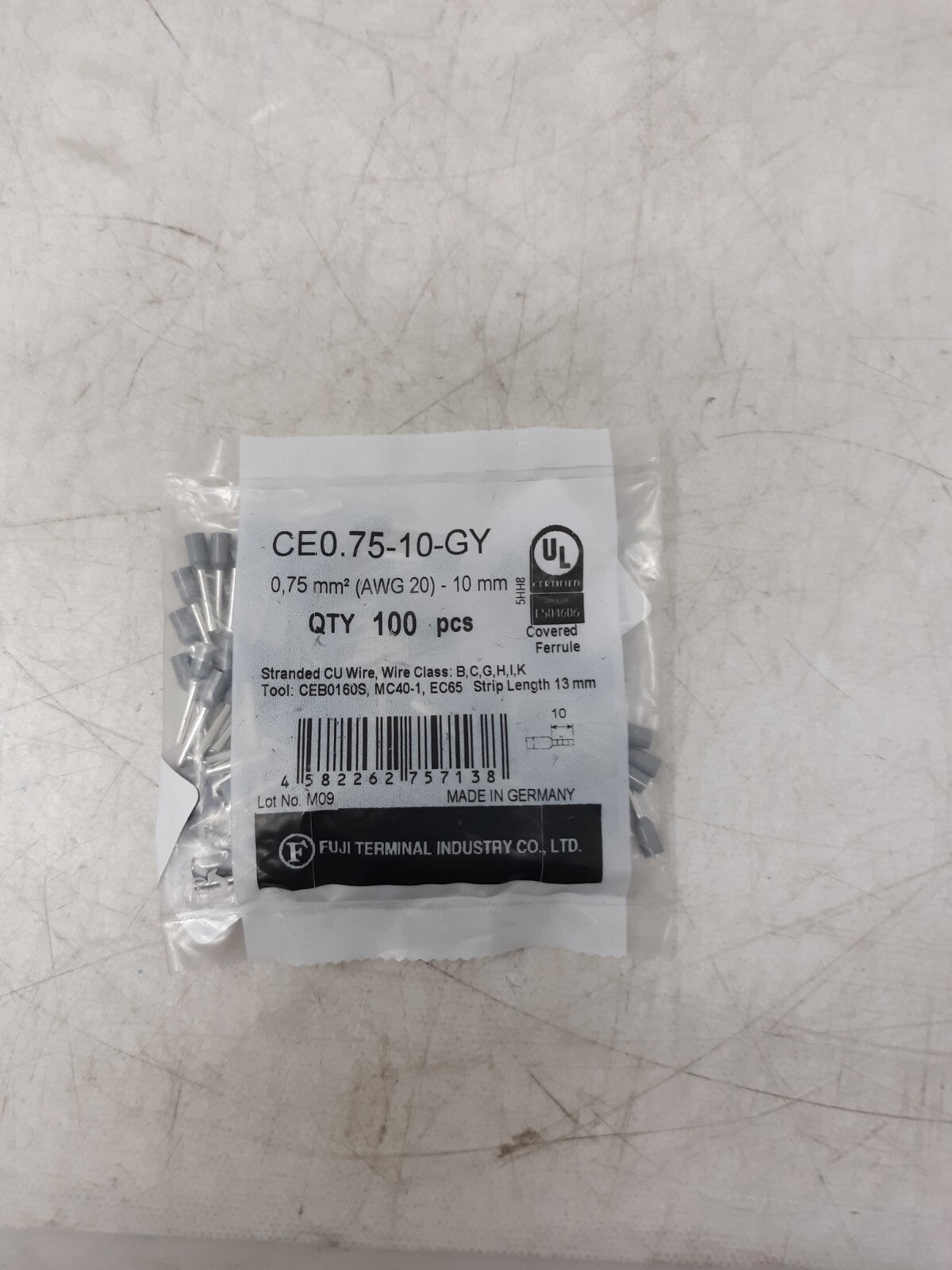 Fuji CE0.75-10-GY Wire Ferrules 0.75mm² AWG20 10mm Gray Qty 100