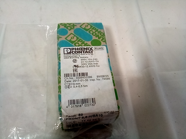 Phoenix Contact Front 2,5-H/sa10 Terminal Block, Pluggable, 1Pos, 14Awg