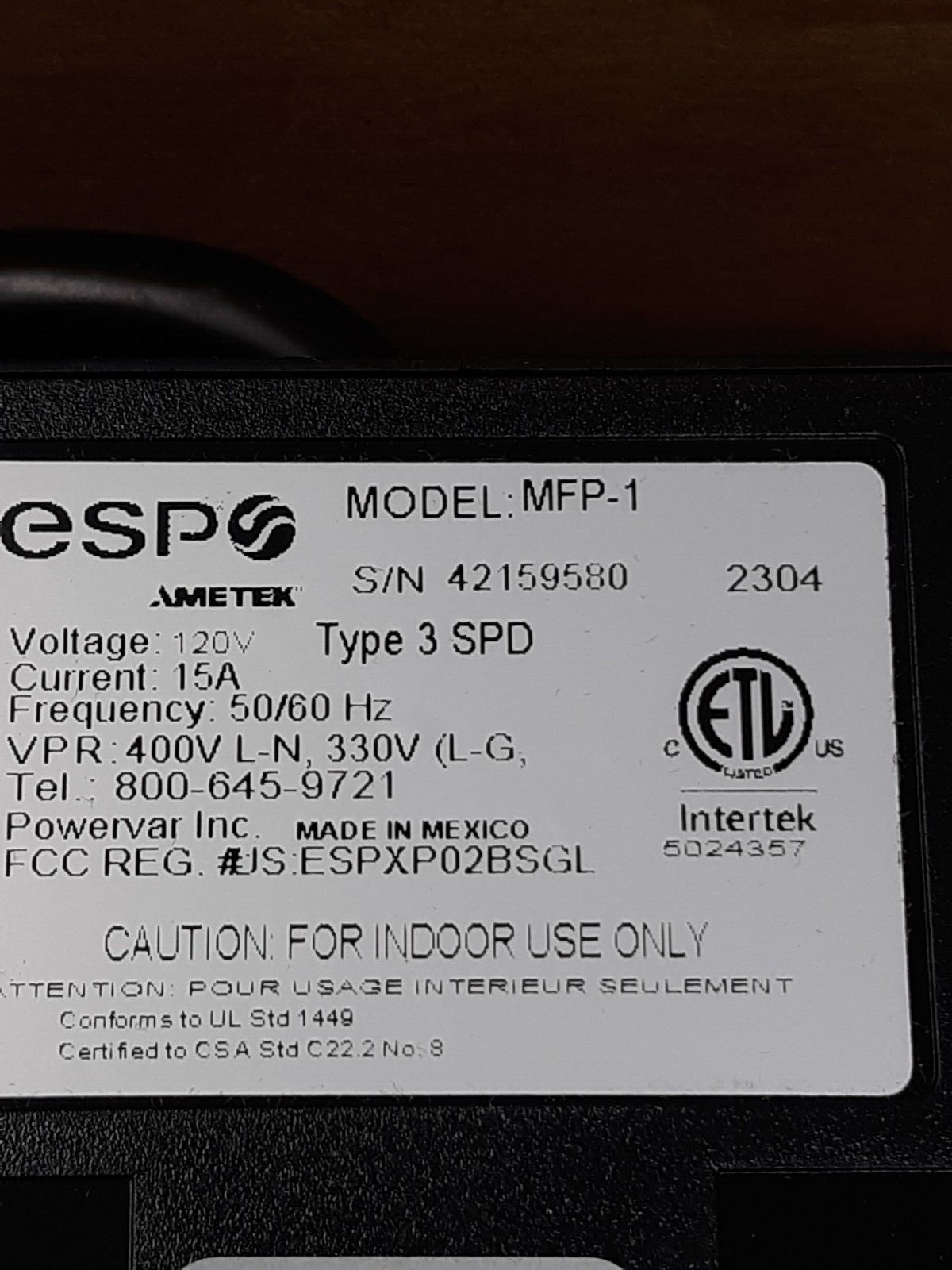 ESP MFP-1 Surge Protector Noise Filter 120 Volt / 15 Amp Single Outlet