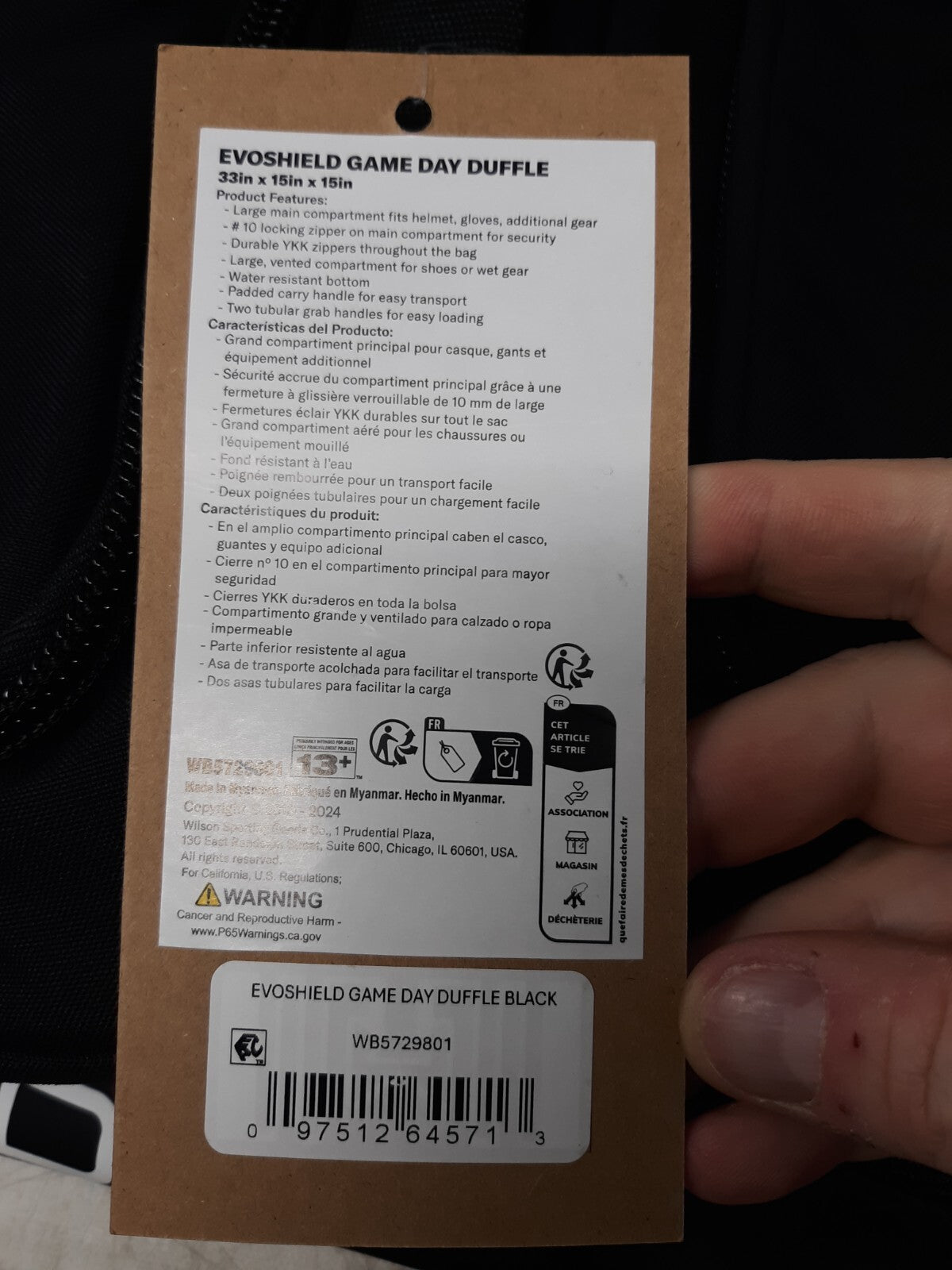 EvoShield Game Day Duffle Bag Black WB5729801 33"x15"x15" Water Resistant Nylon