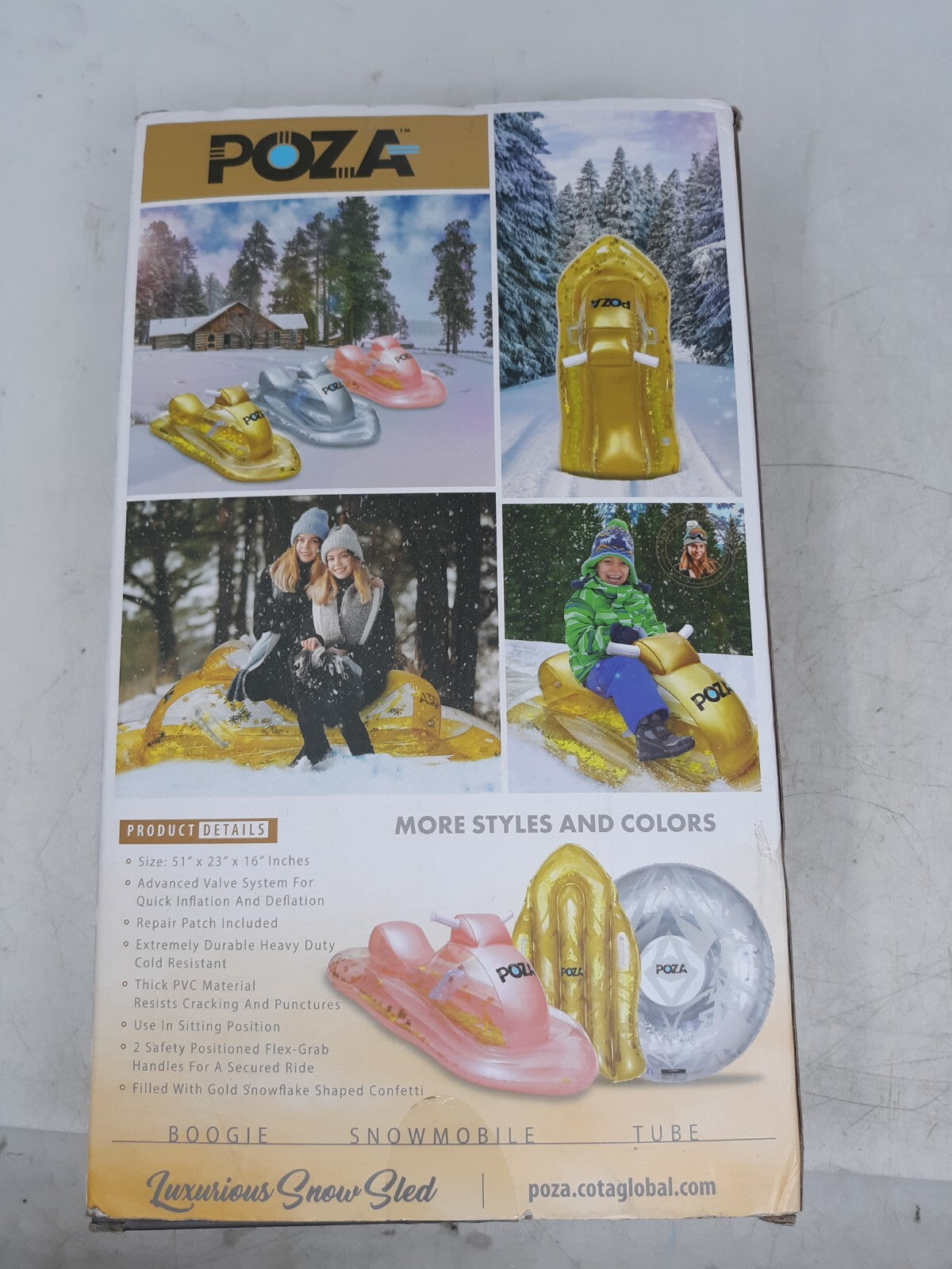 POZA Gold Confetti Snowmobile Inflatable Snow Sled – 51” Heavy-Duty Snow Tube