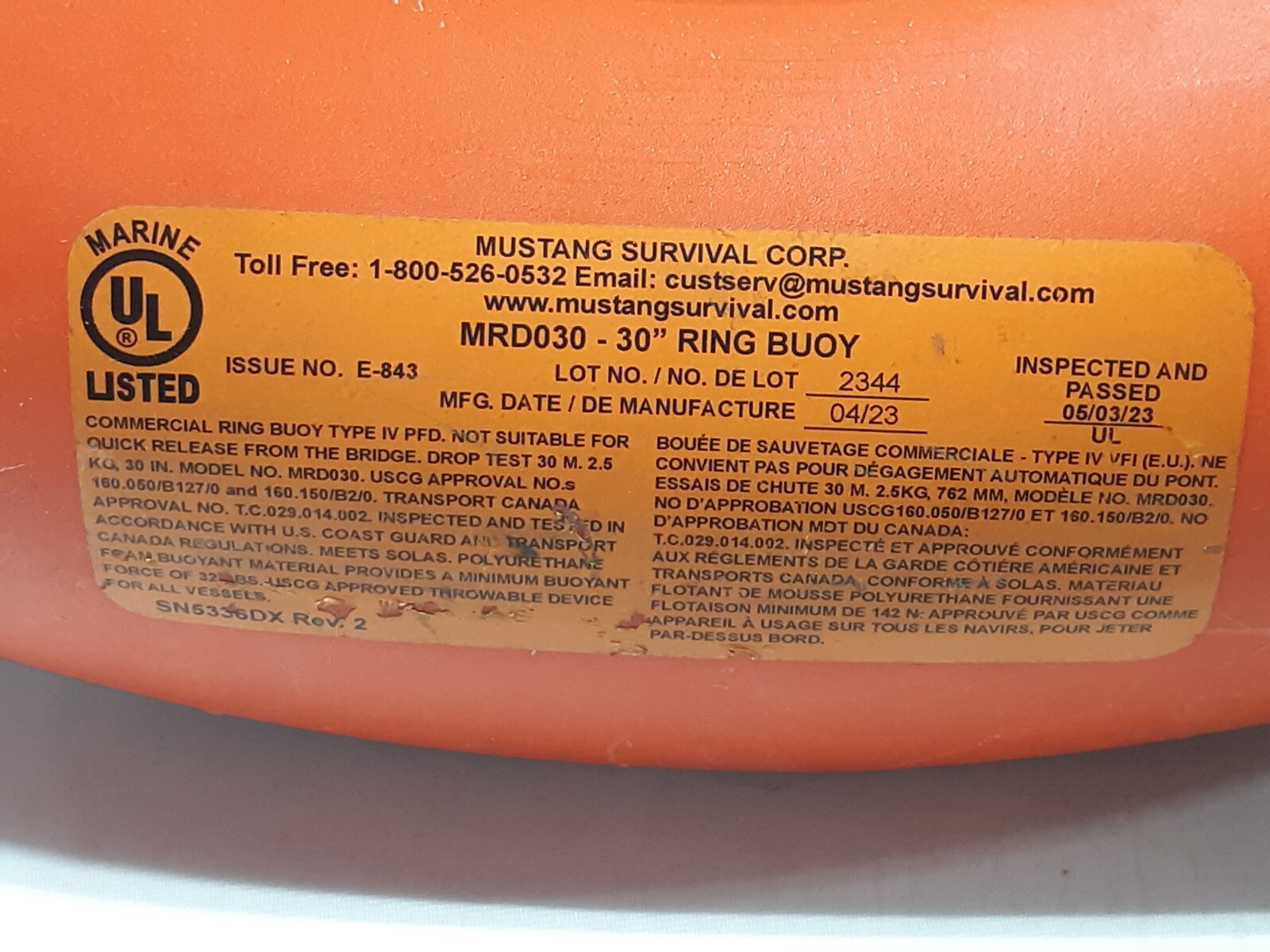 30" Orange Throwable Ring Buoy