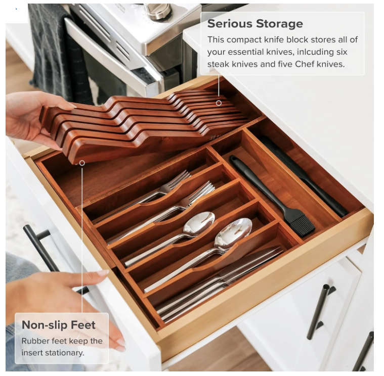 Kitchen Edge Knife Block Holder Organizer - Acacia - Holds 11 knifes For Drawers