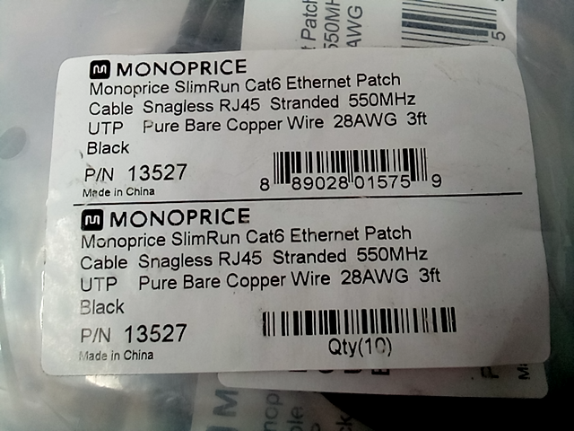 Monoprice SlimRun Cat6 28AWG UTP Ethernet Network Cable 13527  3ft Black, 10Qty.