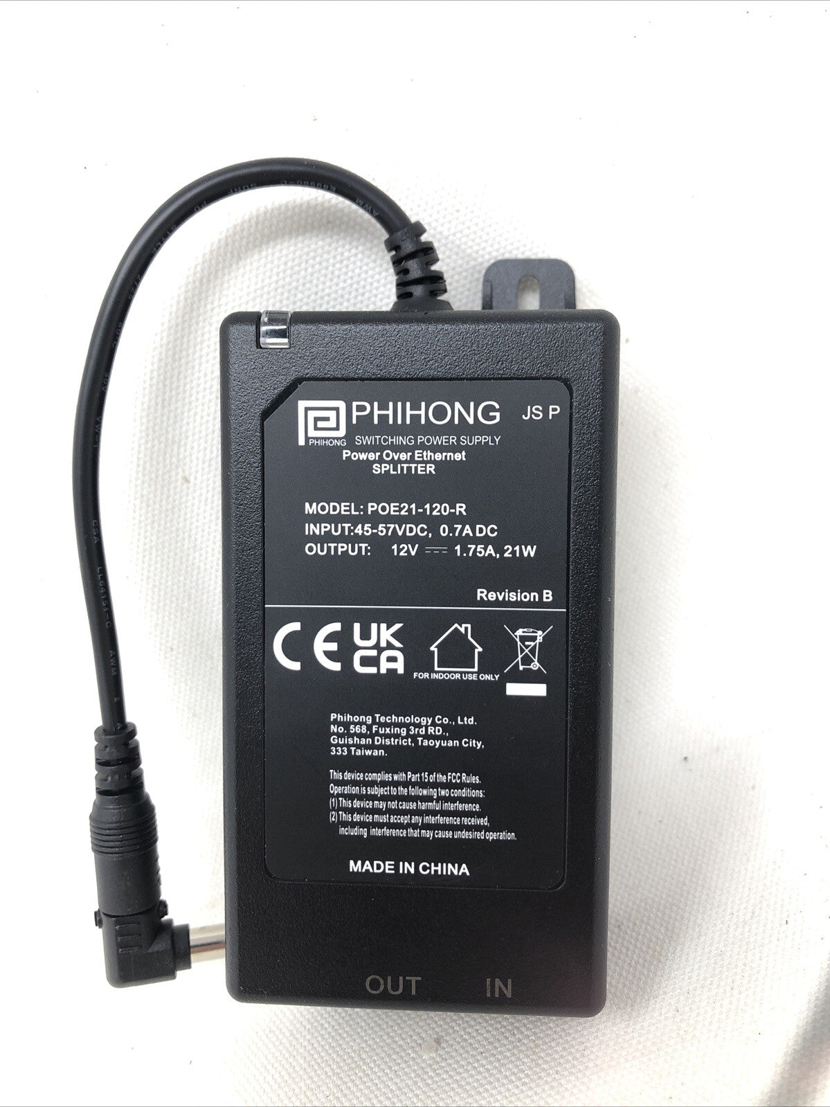 PHIHONG SWITCHING POWER SUPPLY-POWER OVER ETHERNET SPLITTER POE21-120-R 21W/12V