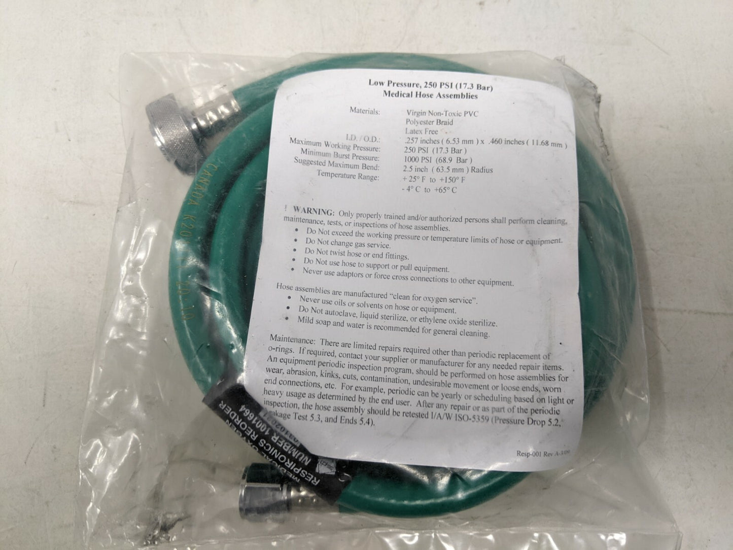 Respironics Low Pressure Female Hose Assembly - 250PSI (17.3 Bar) - 1001664