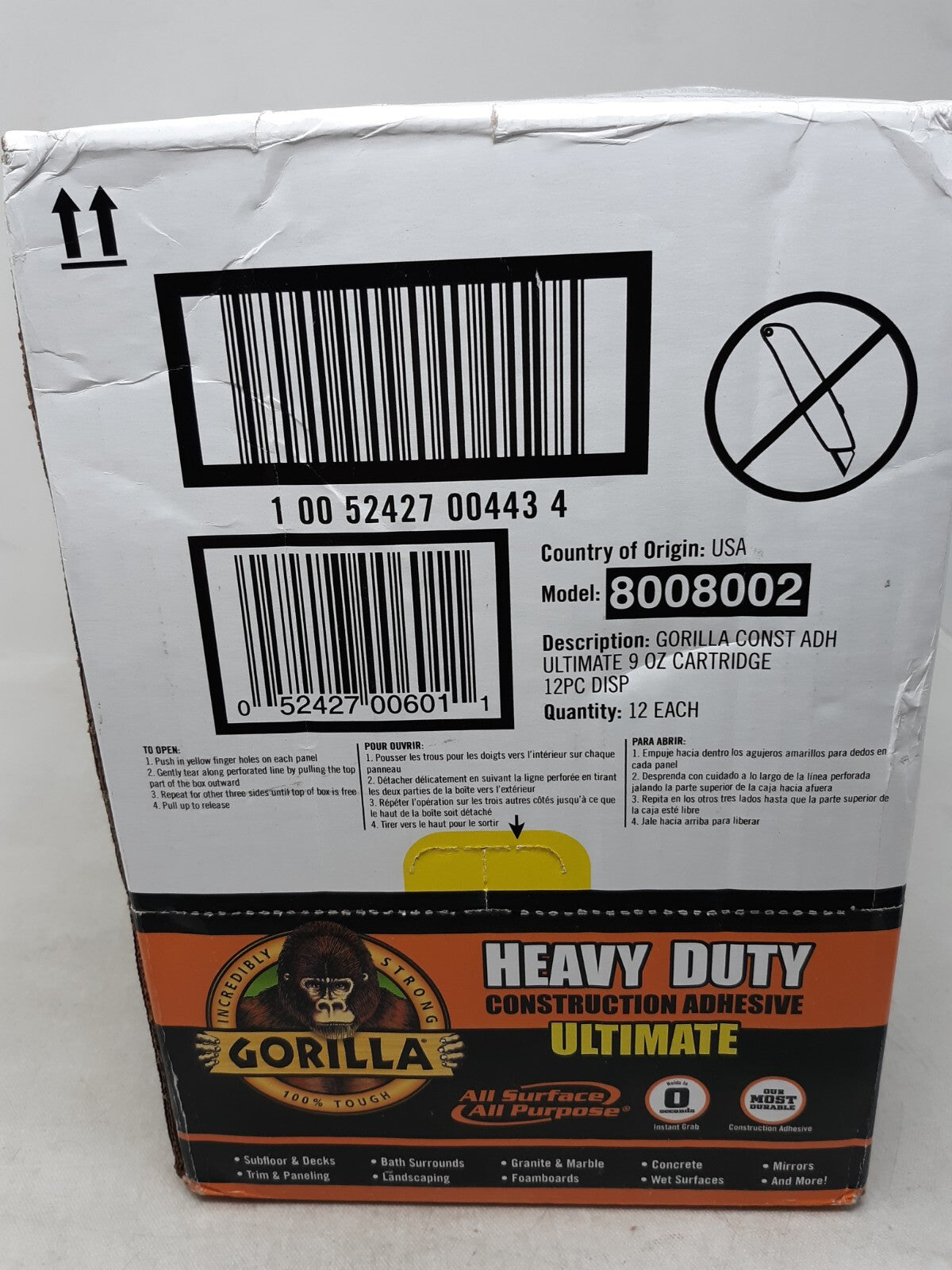 Gorilla Construction Adhesive 9 Oz Moisture Resistant Paintable White 12 Pack