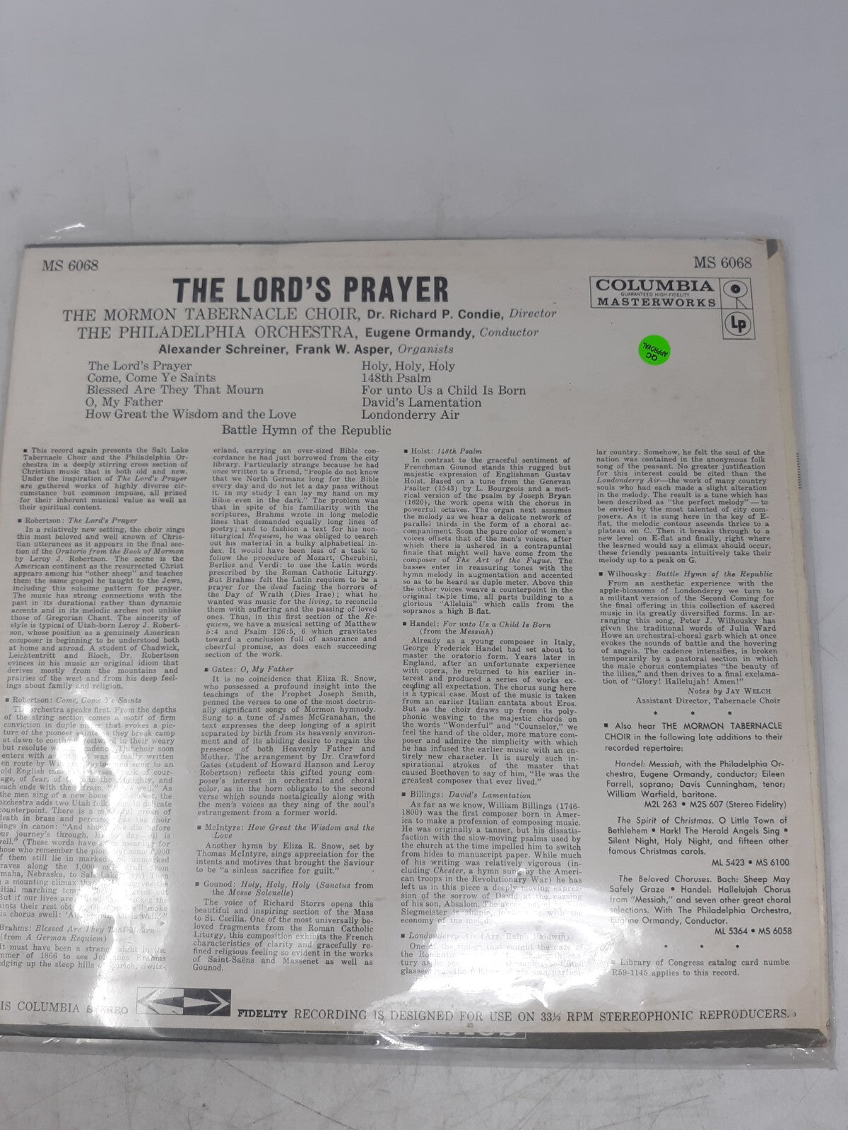 THE LORD'S PRAYER Mormon Tabernacle Choir Philadelphia Orchestra Eugene Ormandy